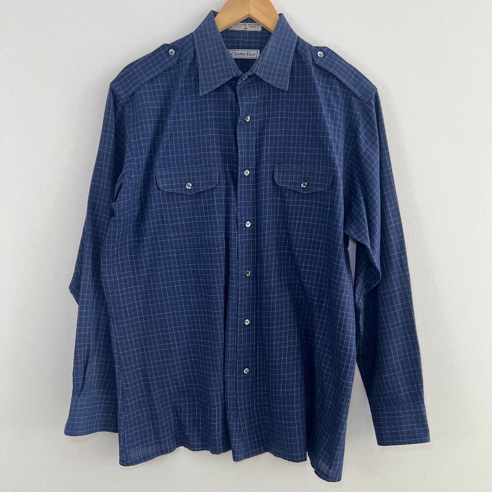 Vintage Christian Dior Blue Check Shirt Epaulettes 90s Designer L Button Up